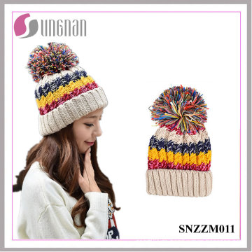 Schöne Mädchen gestreiften bunten Hand-stricken mit Samt Wollmütze (SNZZM011)